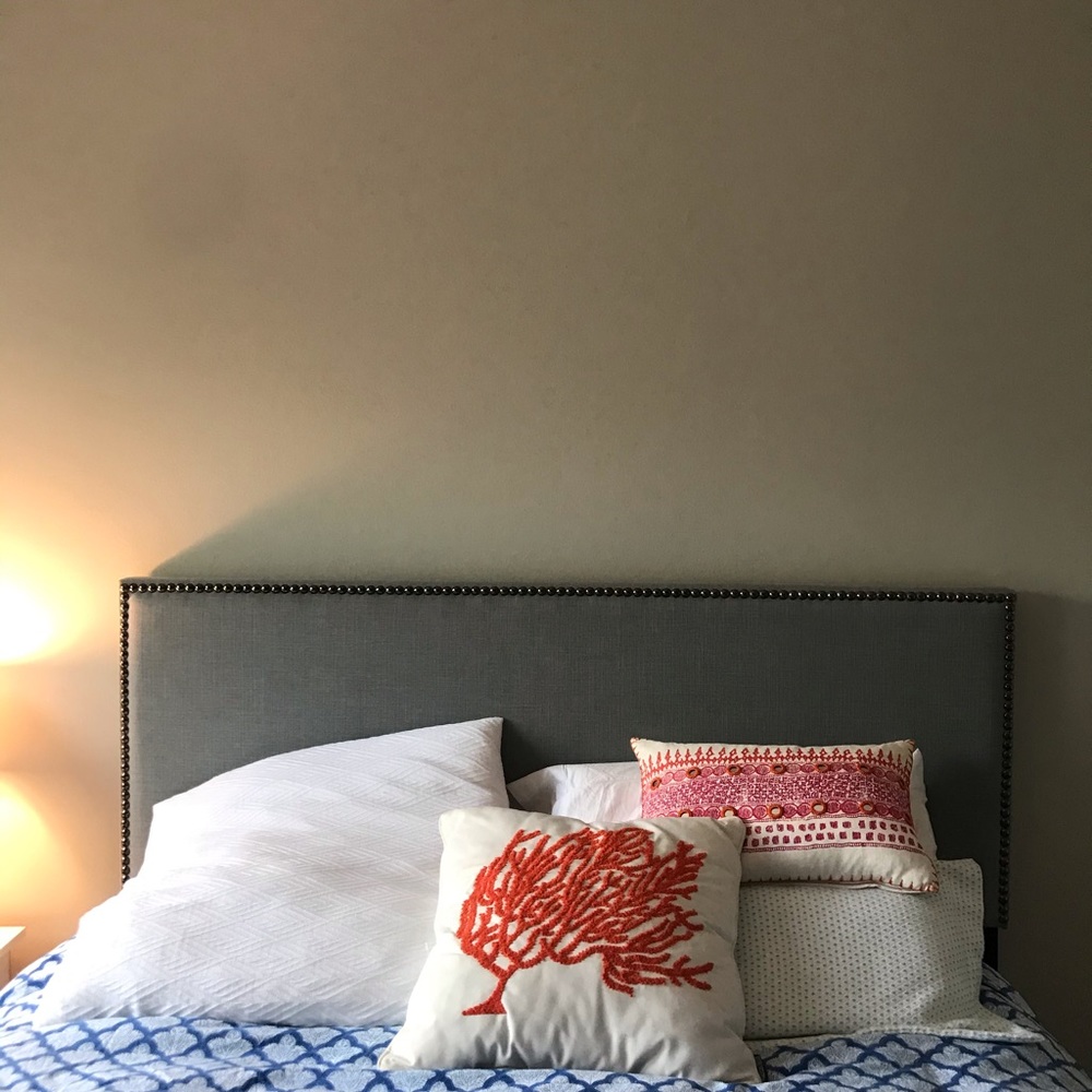 Upholstered nail headboard in grey!!